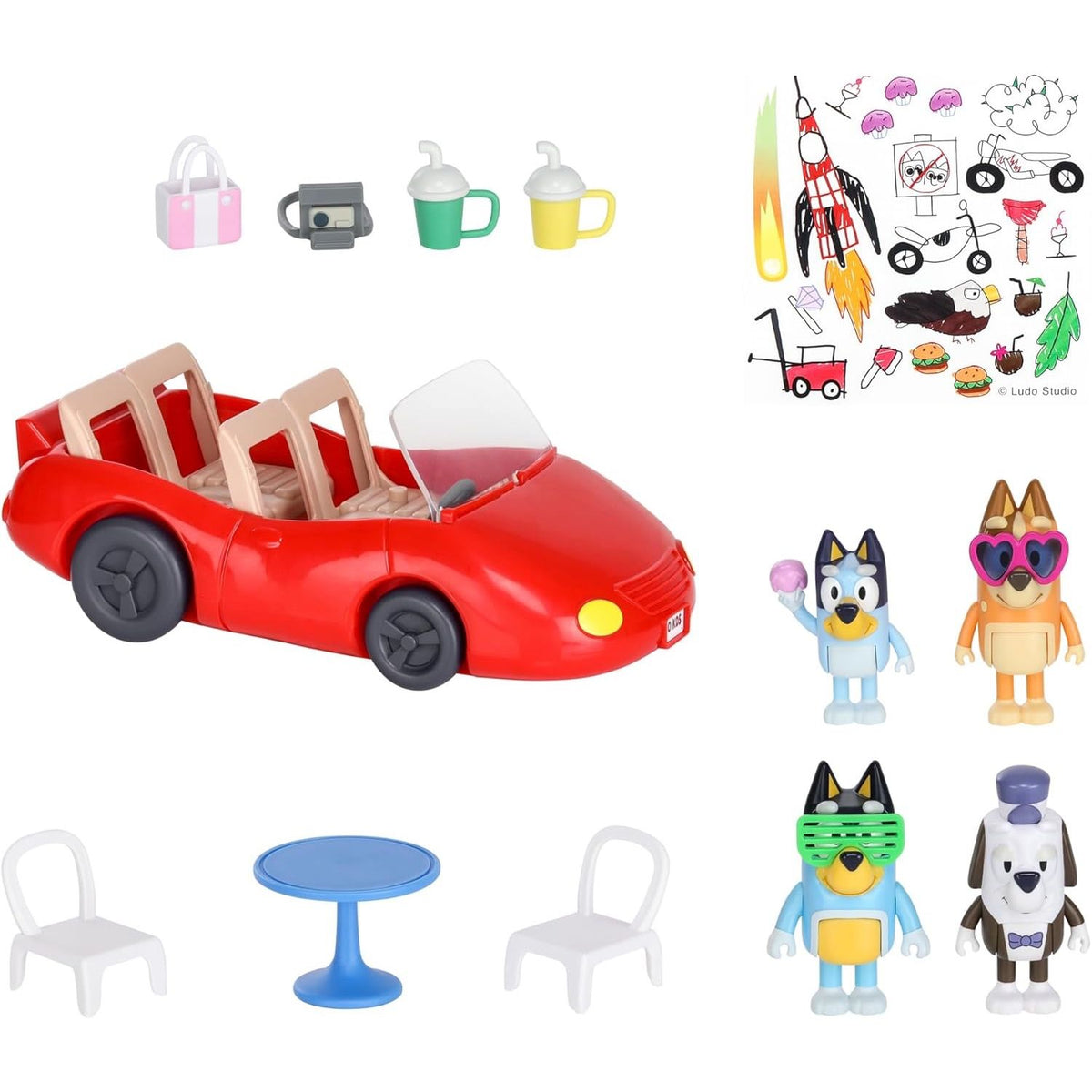 Bluey Auto Convertible con paquete de 4 figuras Coleccionables