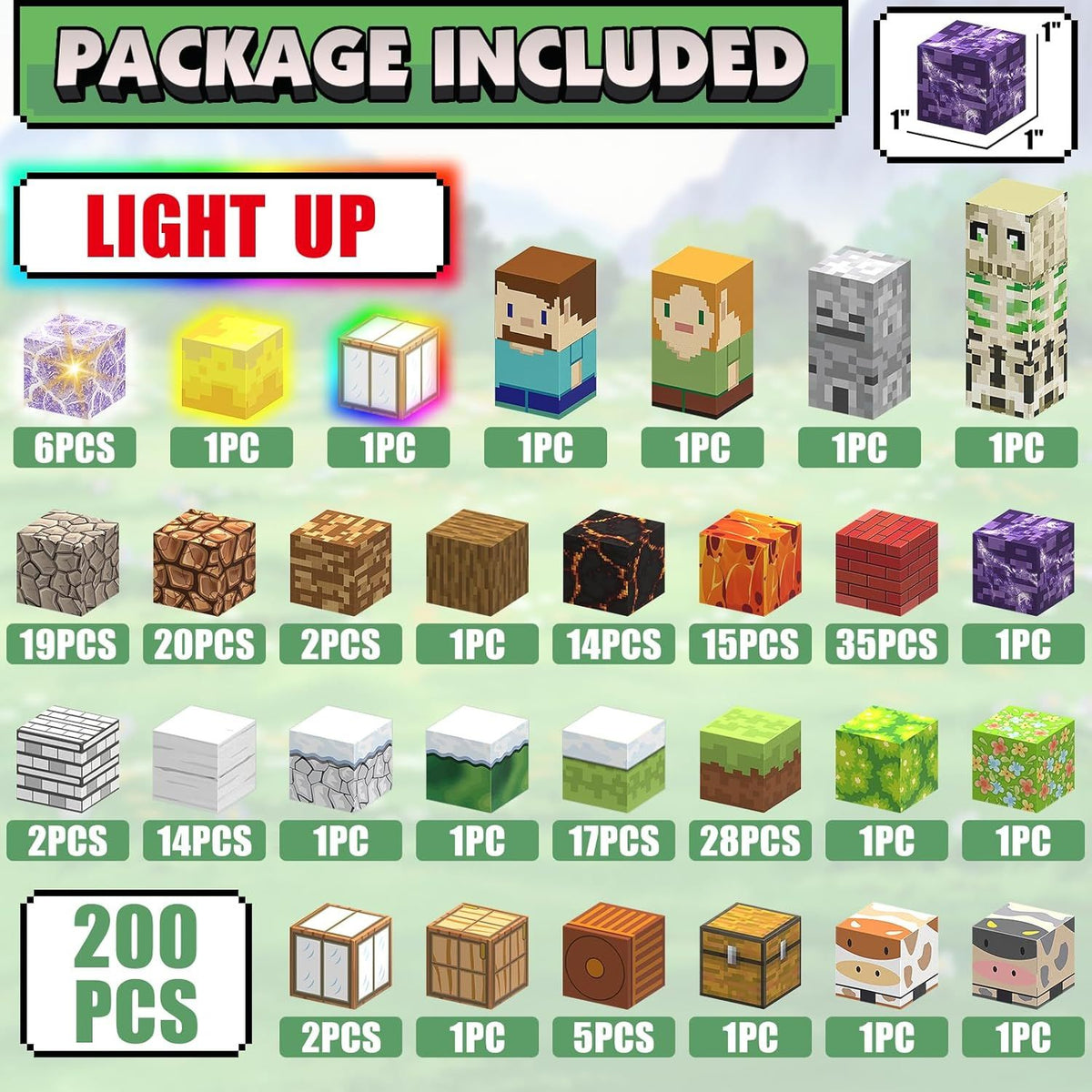 Set Bloques magnéticos Minecraft imanes 200 PIEZAS con Luces