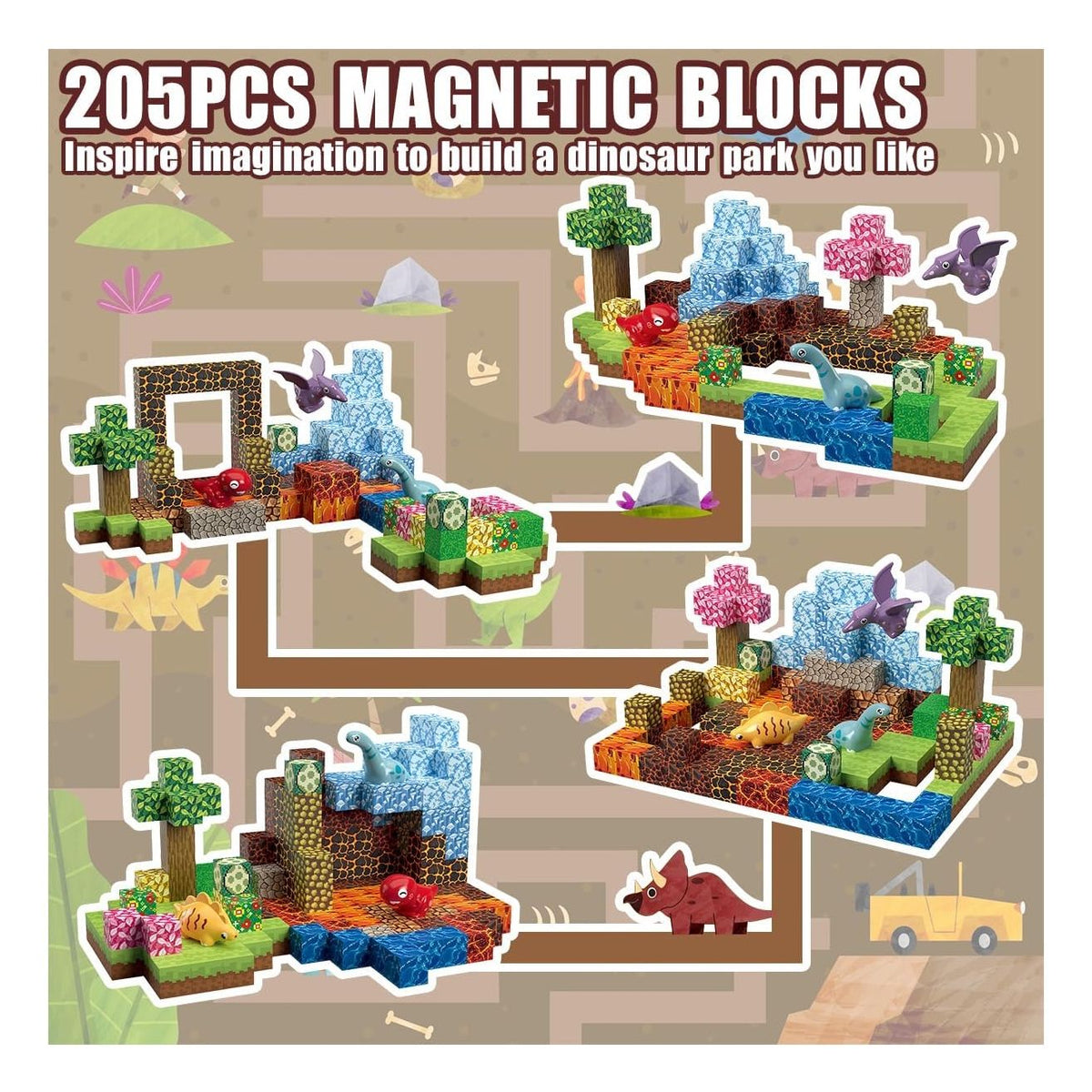 Bloques magnéticos Mundo Dinosaurios cubos imanes 205 PIEZAS