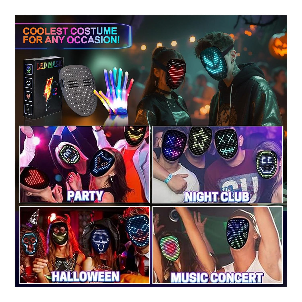 Máscara + Guantes LED con Detección gestos para Halloween