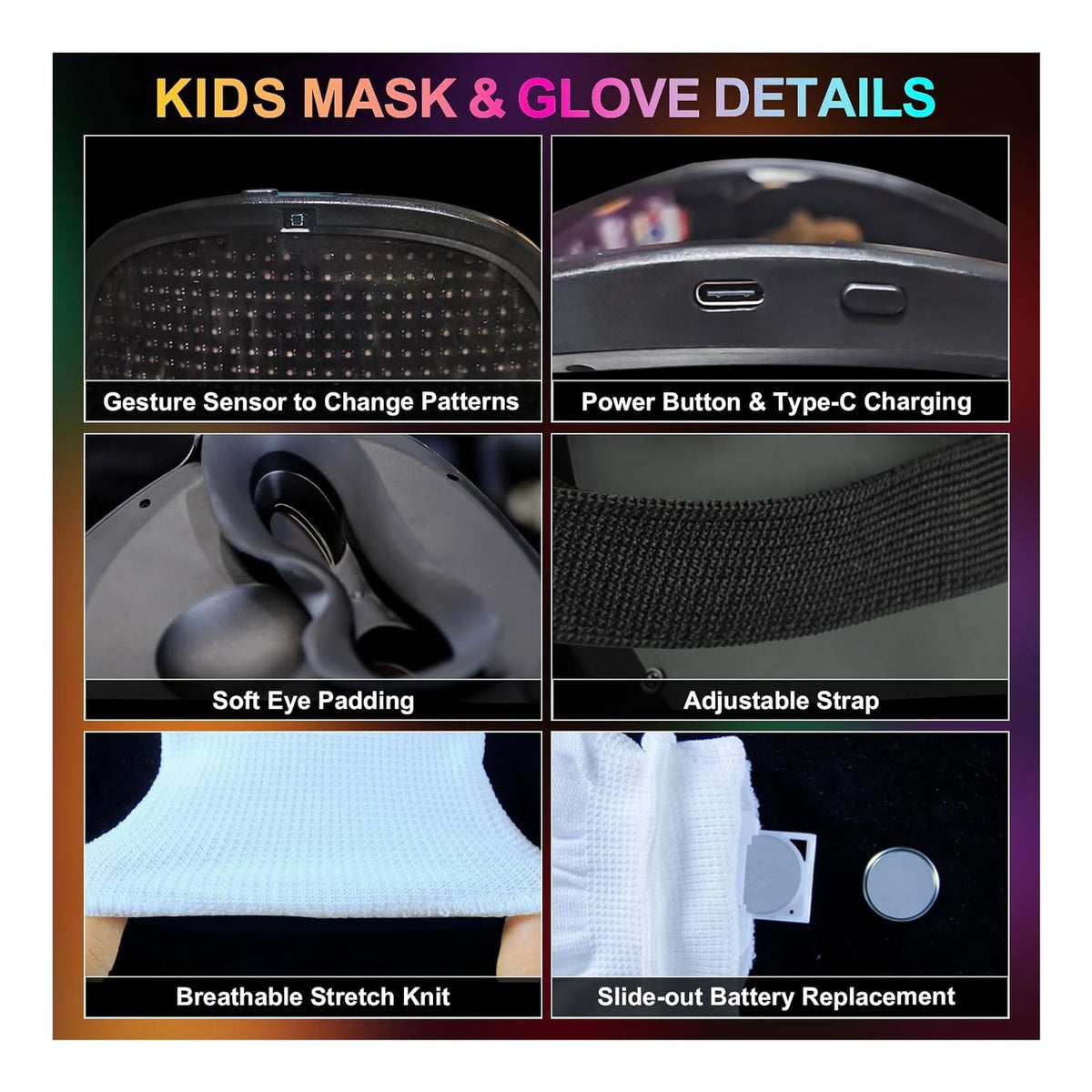 Máscara + Guantes LED Detección gestos para niños Fiestas Navidad
