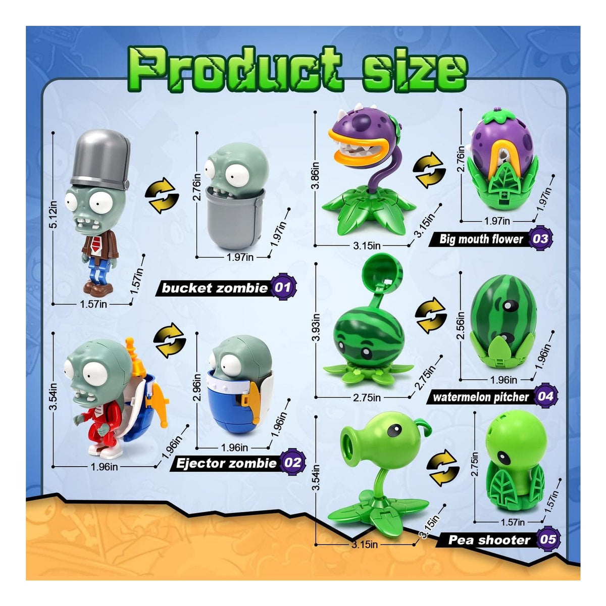 Set 5 Figuras Transformables de Plantas vs Zombies
