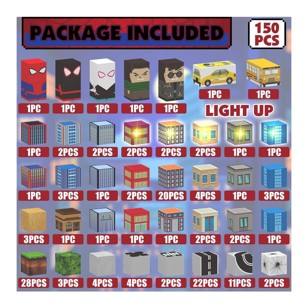 Set Bloques Cubo magnéticos Mundo Spiderman 150 Piezas Luces