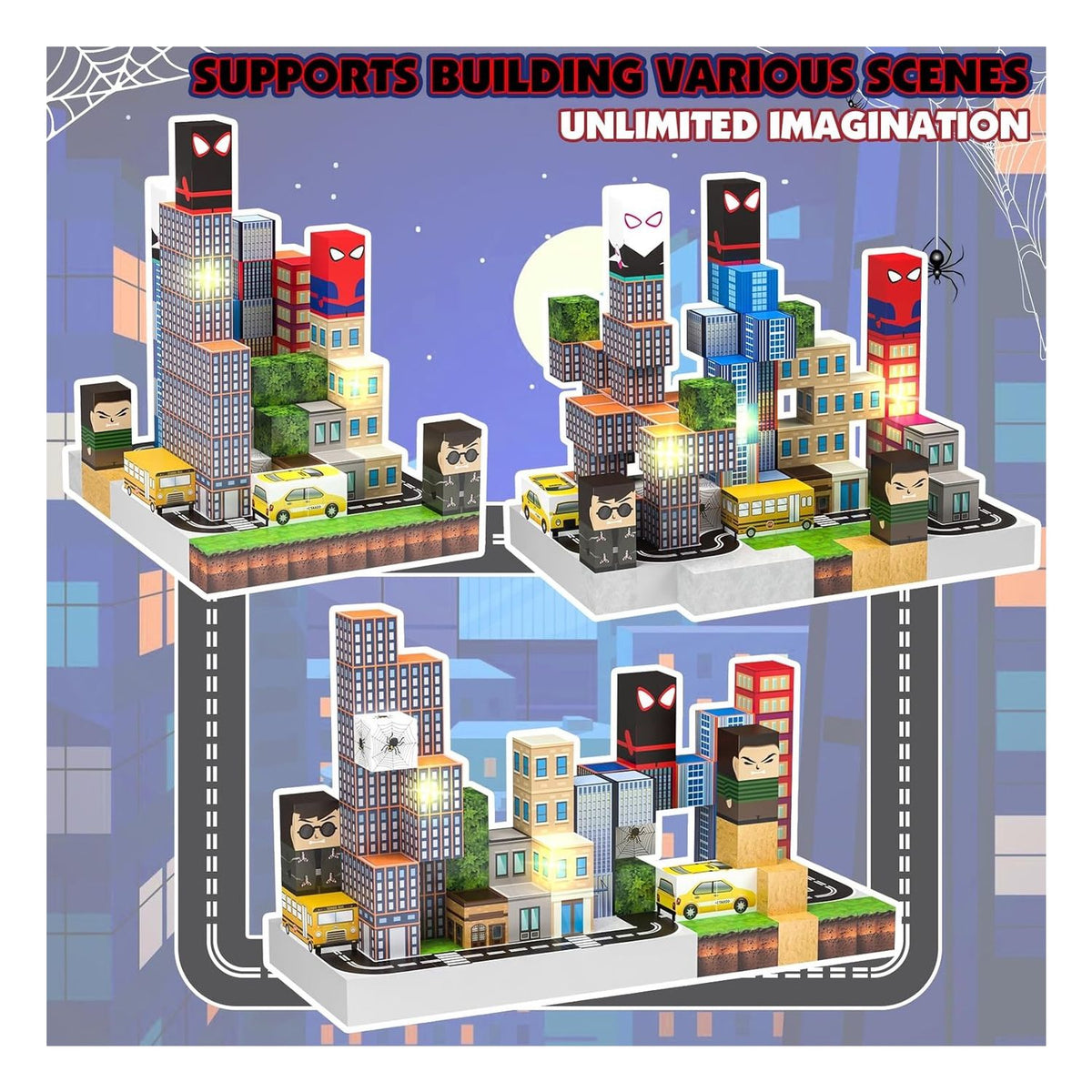 Set Bloques Cubo magnéticos Mundo Spiderman 150 Piezas Luces