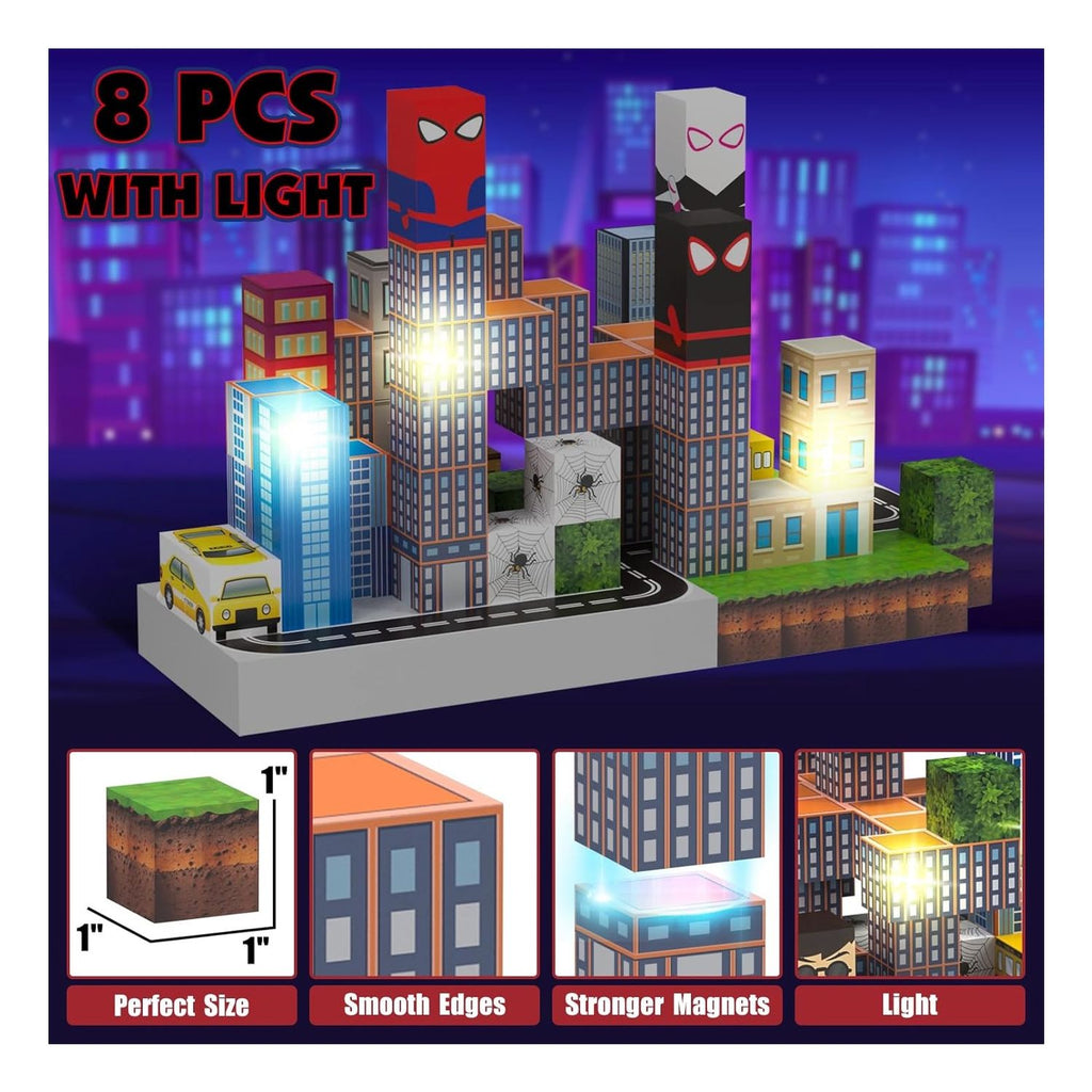 Set Bloques Cubo magnéticos Mundo Spiderman 150 Piezas Luces