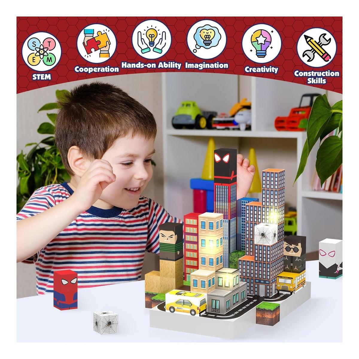 Set Bloques Cubo magnéticos Mundo Spiderman 150 Piezas Luces