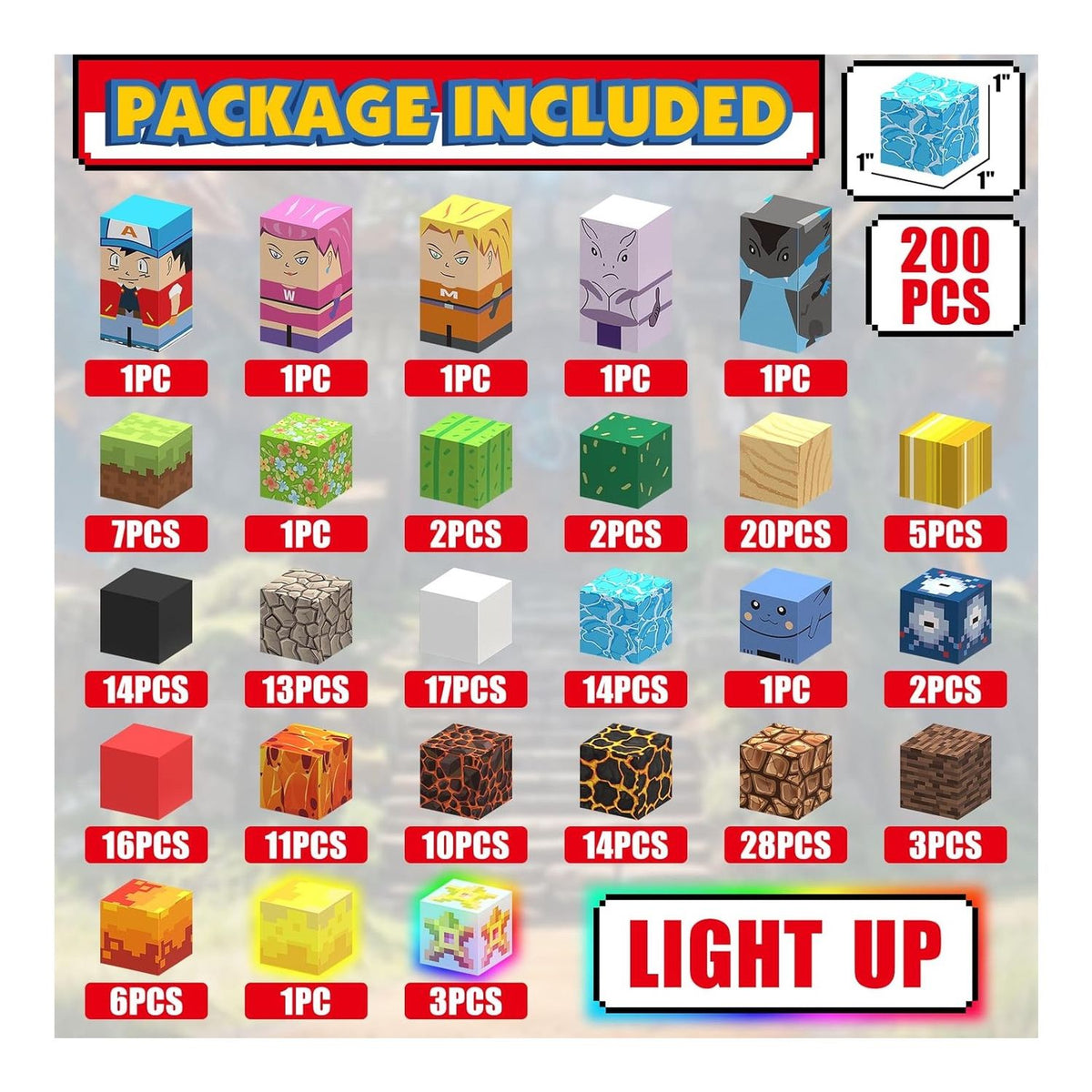 Set Bloques magnéticos Mundo Pokemon 200 PIEZAS con Luces