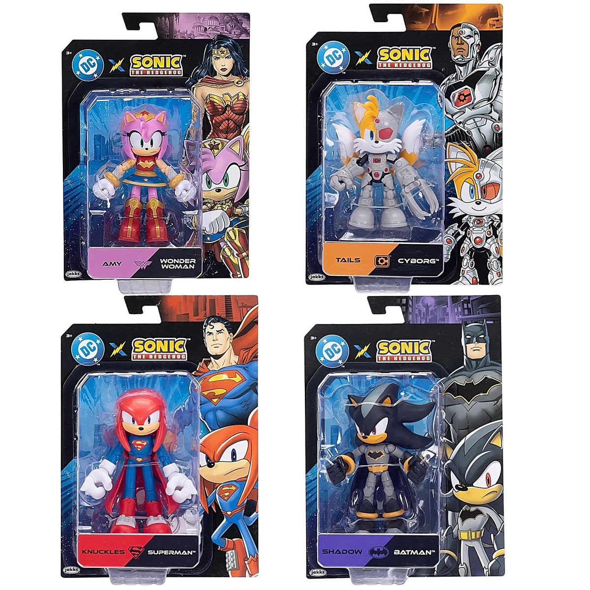 4 Pack DC x Sonic Batman Shadow Superman Knuckless Cyborg Tails Amy Mujer Maravilla